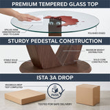 2 In 1 Round Glass Dining Table With Adjustable Curved Base, - Transparent / Walnut