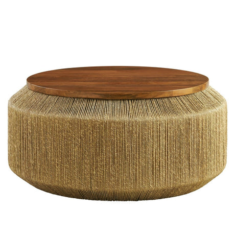 37 Inch Artisan Handwoven Seagrass and Solid Wood Coffee Table in Walnut Natural - Coffee Tables available at Alpine Outlets in Denver