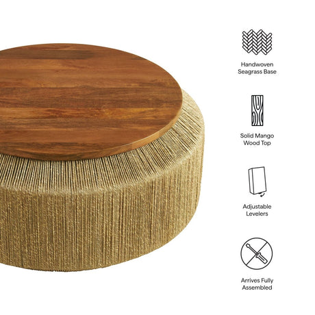 37 Inch Artisan Handwoven Seagrass and Solid Wood Coffee Table in Walnut Natural - Coffee Tables available at Alpine Outlets in Denver
