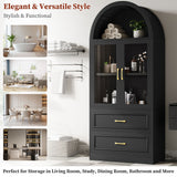 Arched Top Storage Cabinet With Fixed 2 Tier Shelves, 2 Large Drawers