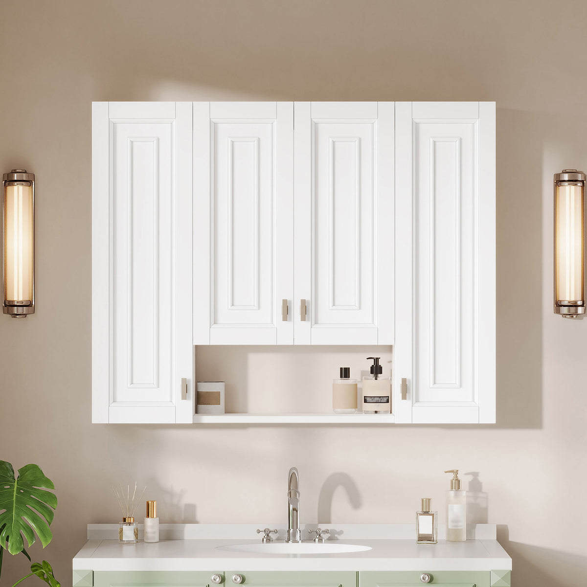 Bathroom Cabinet With 5 Adjustable Shelves, Soft Closing Hinges, Open Shelving Design - White