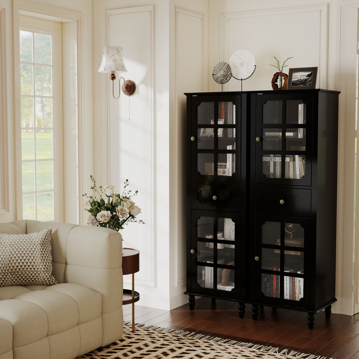 Storage Cabinet, Freestanding Curio Cabinet With Grid Doors & Drawer, Pantry Display Cabinet For Kitchen