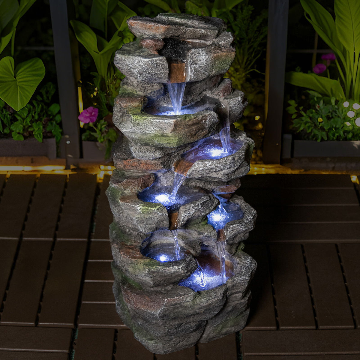 Rock Waterfall Outdoor Fountain With LED Lights - Gray