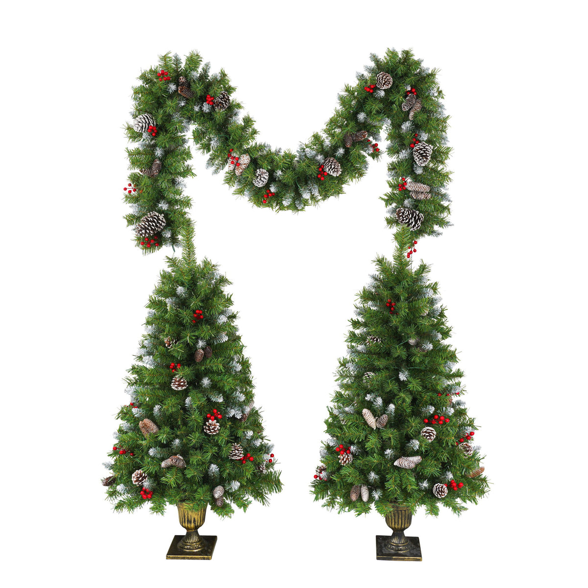 Pre Lit Artificial Christmas Tree Set With LED Lights, 3 Piece Garland And Entrance Trees, Warm Lighting, Indoor Use Only - Green