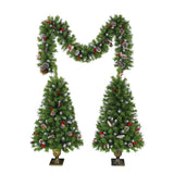 Pre Lit Artificial Christmas Tree Set With LED Lights, 3 Piece Garland And Entrance Trees, Warm Lighting, Indoor Use Only - Green