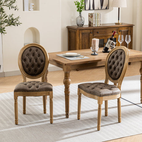 French Style Solid Wood Frame Antique Painting, Hand-Pulled Buckle Decoration PU Artificial Leather Dining Chair With Nailhead Trim, Wood Legs - Chair Sets - Alpine Outlets