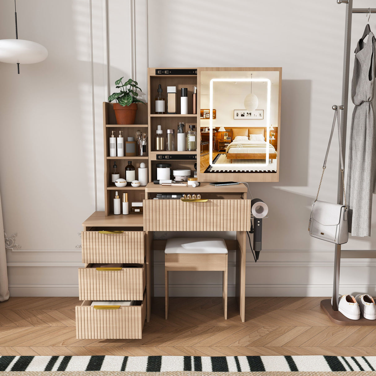 Modern Vanity Desk With 3 LED Lighting Modes, 4 Drawers