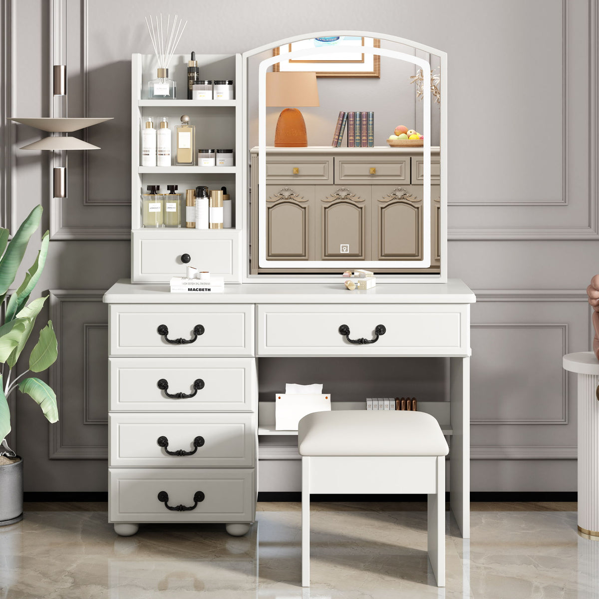 Fashion Vanity Desk With Mirror And Adjustable Lighting, 6 Drawers, 3 Color Light Modes - White