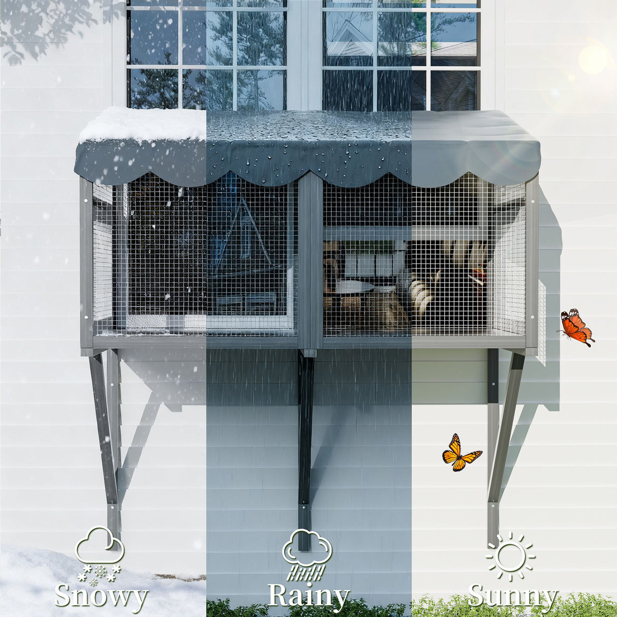 Window Perch Catio For Indoor Cats, Expandable Enclosure With Secure Frame And Waterproof Roof, Suitable For Multiple Kittens - Gray