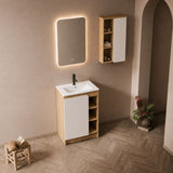 24" Bathroom Vanity With Sink & Wall Mounted Side Cabinet, Vanity Set With Thin Edge Sink, Interchangeable & Door Panels, Open & Hidden Storage - Black / Light Oak / White