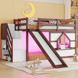 Loft Bed With Storage Stairs, Slide, Playhouse Window And 7 Colors LED Lights