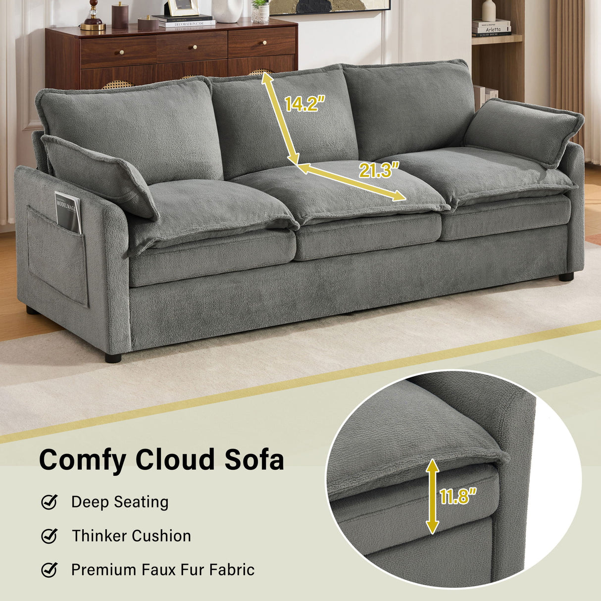 Modern Sofa Set With Double Layer Cushion And Side Storage Pockets