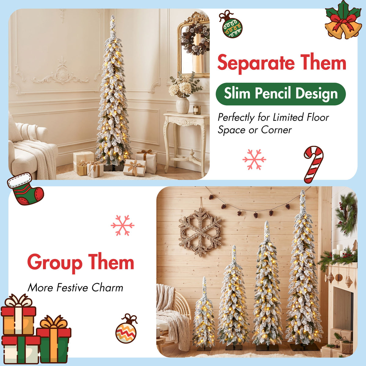 4 Pack Slim Pencil Christmas Trees With Snow Tips, Warm LED Lights, For Indoor Use - Green