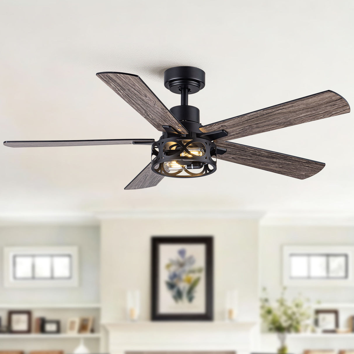 Ceiling Fan With Light, Dual‑Sided Matte Black & Wood Grain Blades - Black