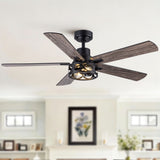 Ceiling Fan With Light, Dual‑Sided Matte Black & Wood Grain Blades - Black