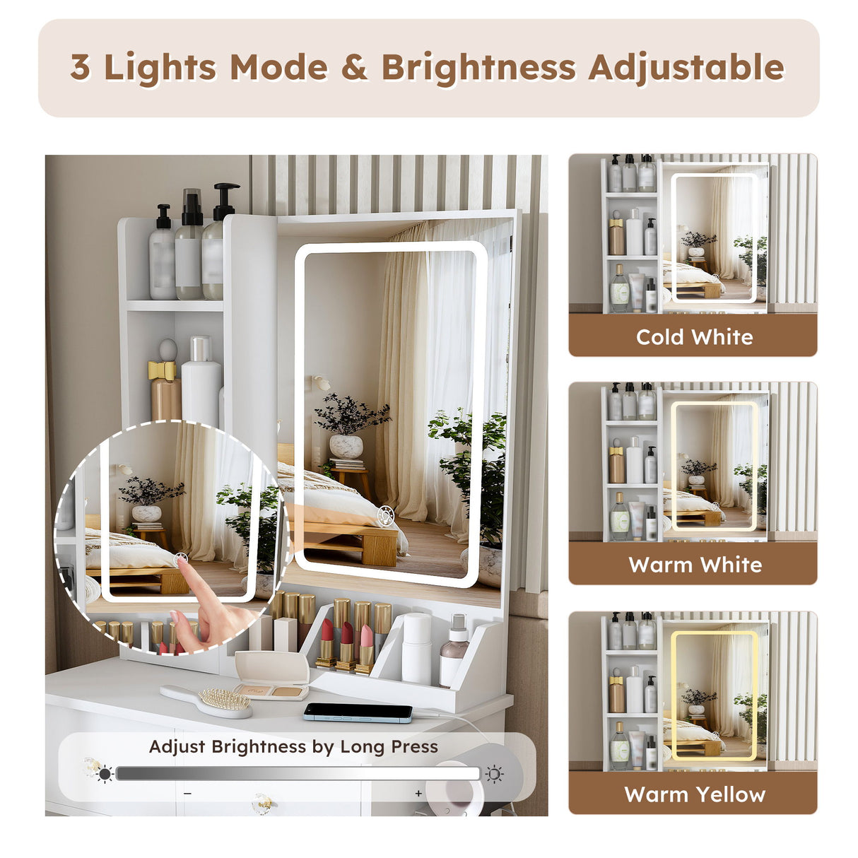 Modern Small Vanity Desk With 3 LED Lighting Modes, 3 Drawers