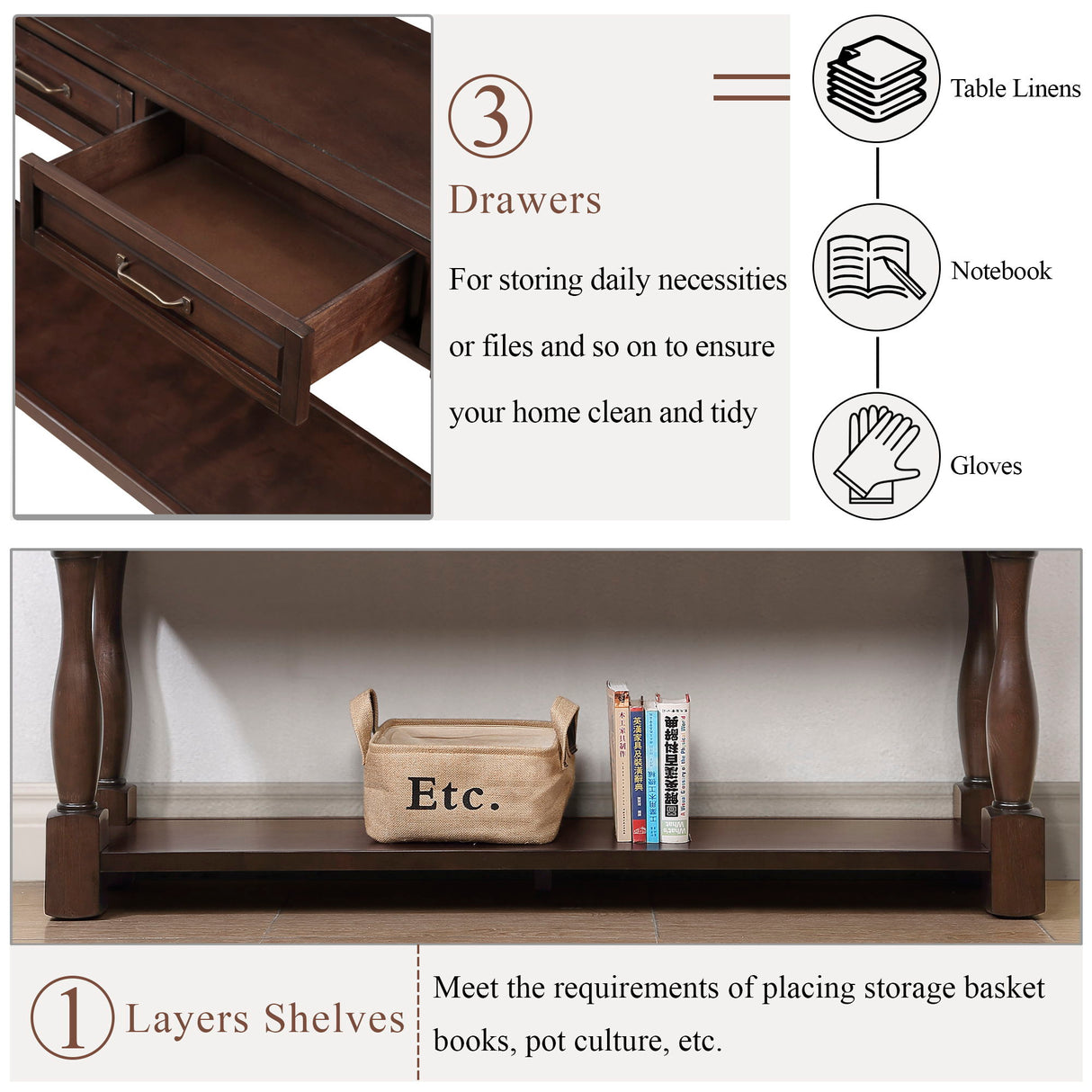 Console Table With 3 Drawers And 1 Bottom Shelf For Entryway - Espresso