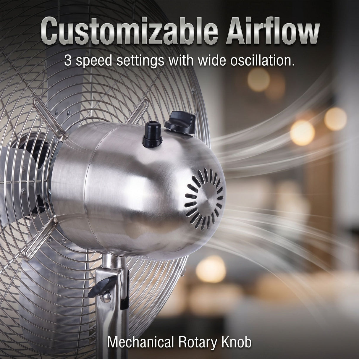 Stand Fan, 4 Blades, Rotary Knob Switch, Oscillation Function, Tilting Angle - Chrome