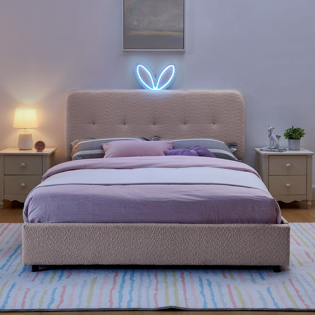 Upholstered Bed With Oversized Rabbit Ear Headboard, LED Lights & 4 Storage Drawers