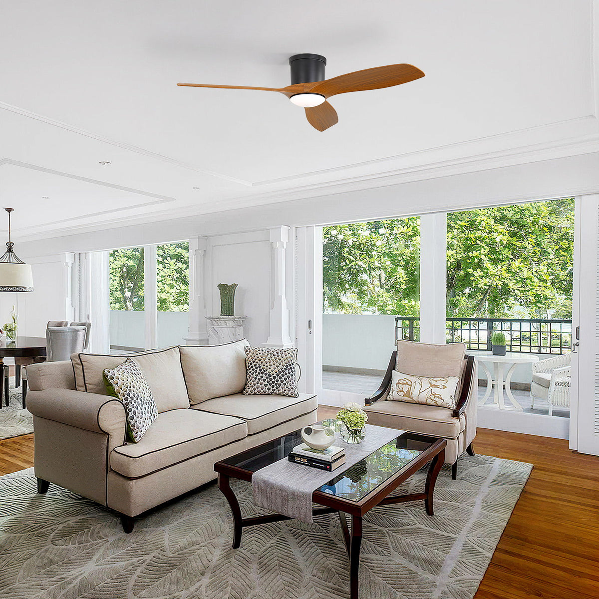 Flush Mount Ceiling Fan With Dimmable LED Light, 3 Blades, Reversible DC Motor Blades For Living Room