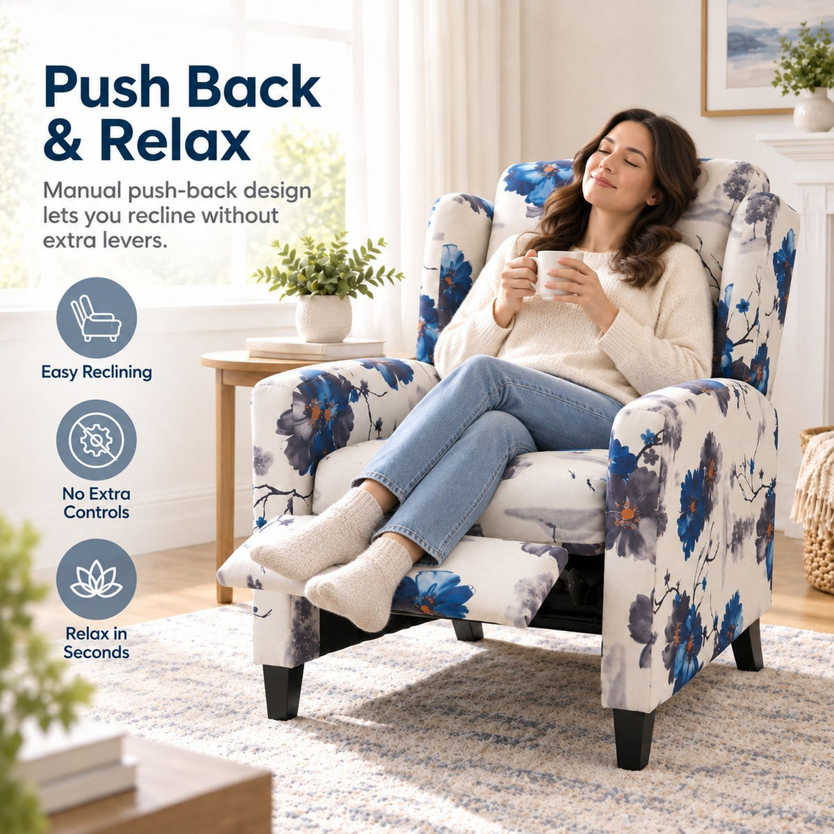 Wingback Recliner Chair With Padded Arms - Blue
