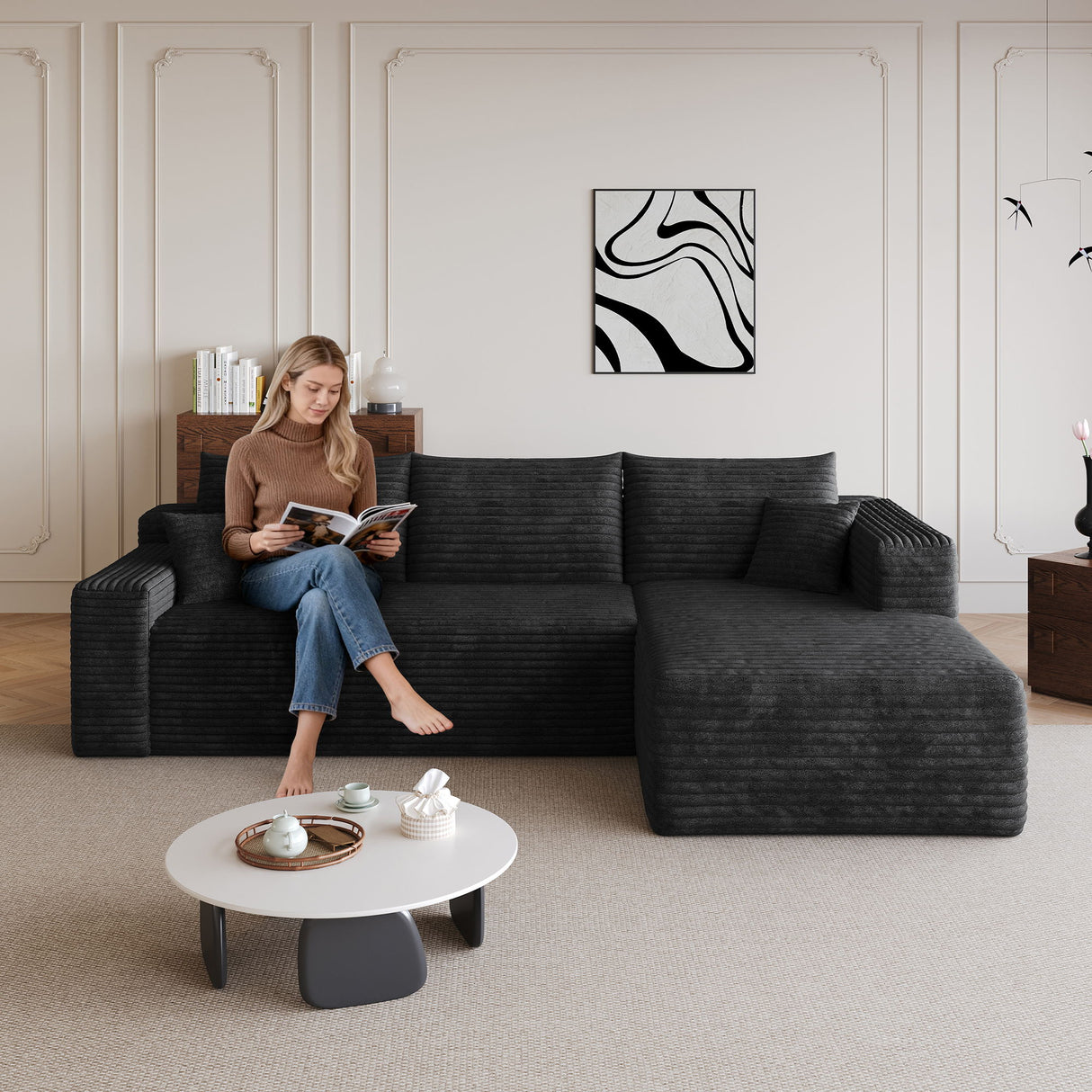 Cloud Sectional Sofa, Comfort U-Shaped Sofa For Living Room - Black