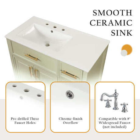 36" Bathroom Vanity With Sink, 2 Doors, 3 Drawers, Rectangular - White