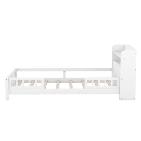 Wood Platform Bed With Built In LED Light, Storage Headboard And Guardrail