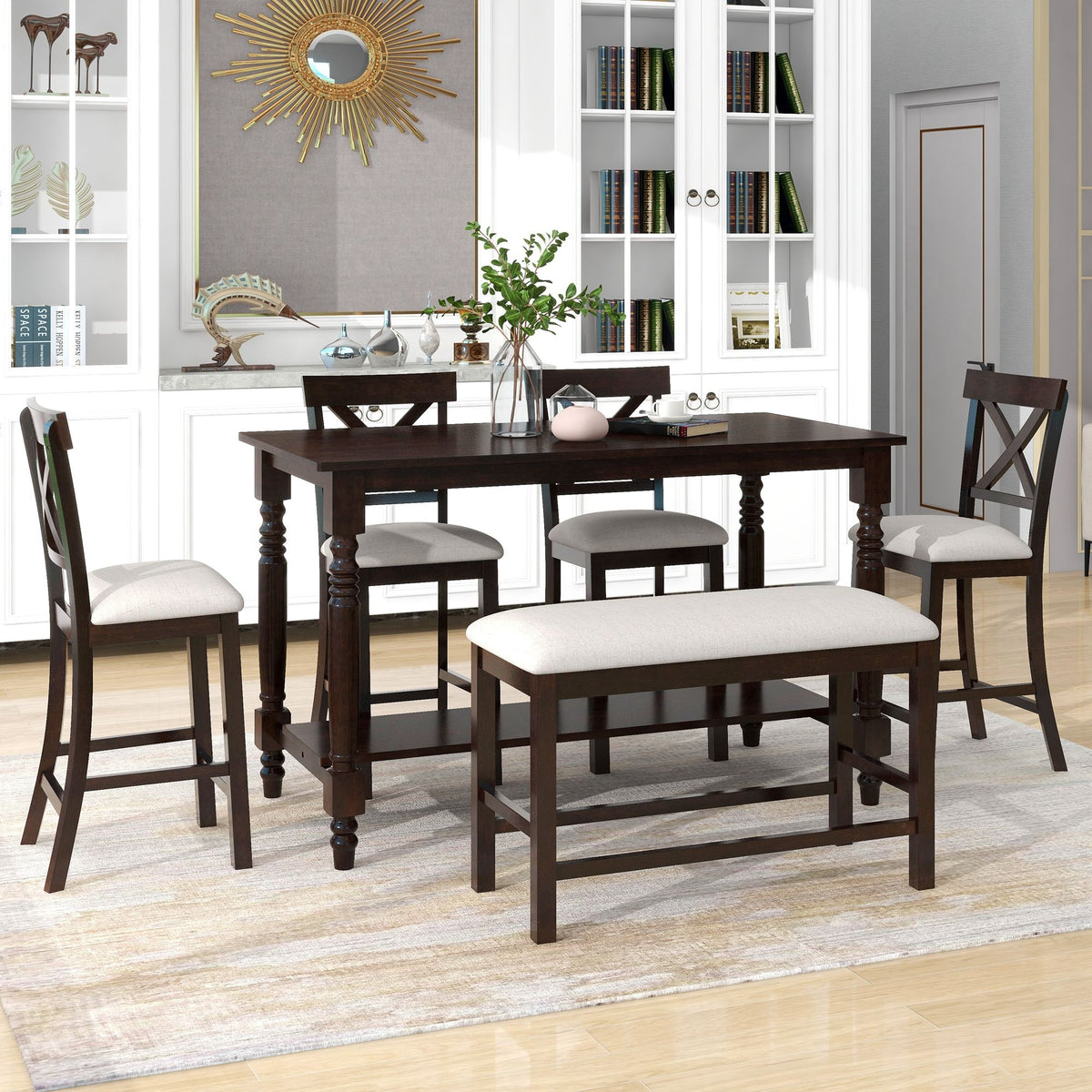 Counter Height Dining Set With Shelf, 4 Chairs And Bench