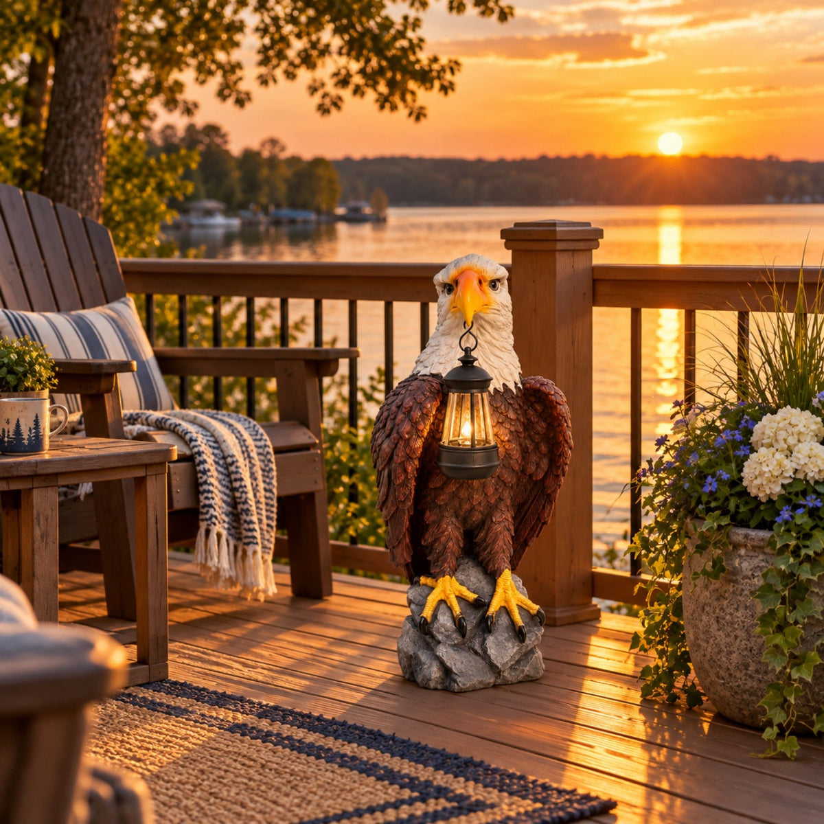Solar Powered Bald Eagle Statue With Lantern, Outdoor Garden Decor - Black Brown