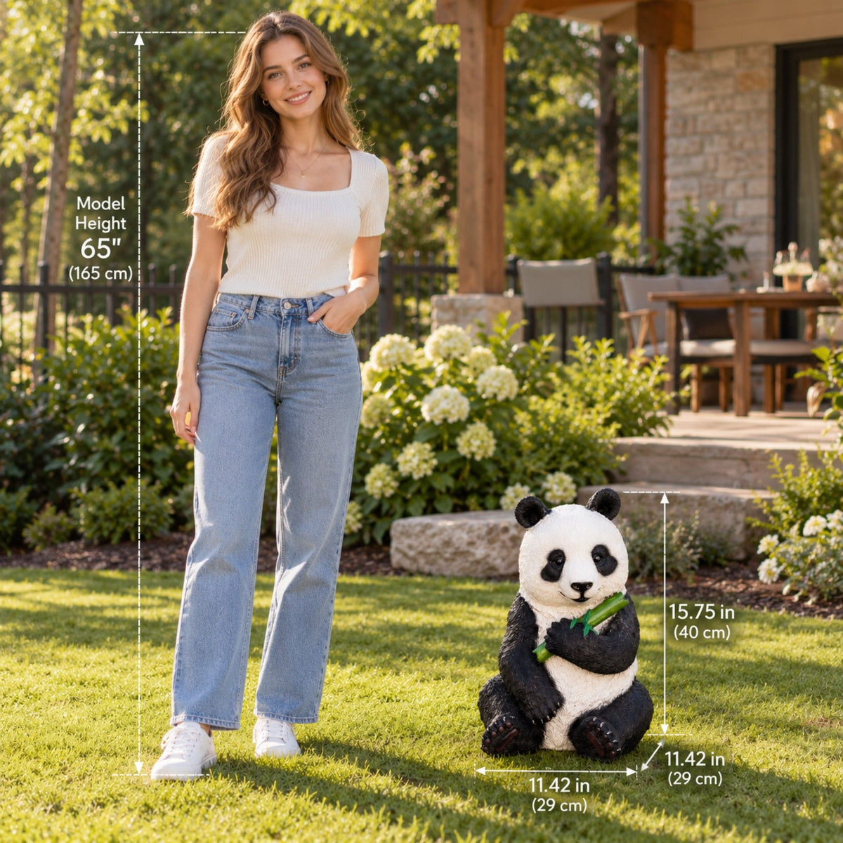 Panda Garden Statue, Sitting Animal Sculpture With Bamboo For Patio - Black White