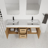Floating Double Sink Bathroom Vanity With Drawers And Doors, Extra Large Storage, Integrated Sink, Soft Close Hardware - Glossy White / Light Oak