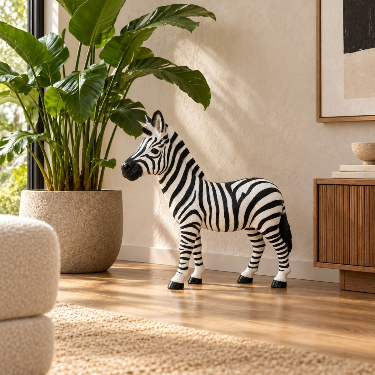 Standing Zebra Garden Statue, Animal Sculpture With 2 Ground Stakes For Outdoor Decor - Black White