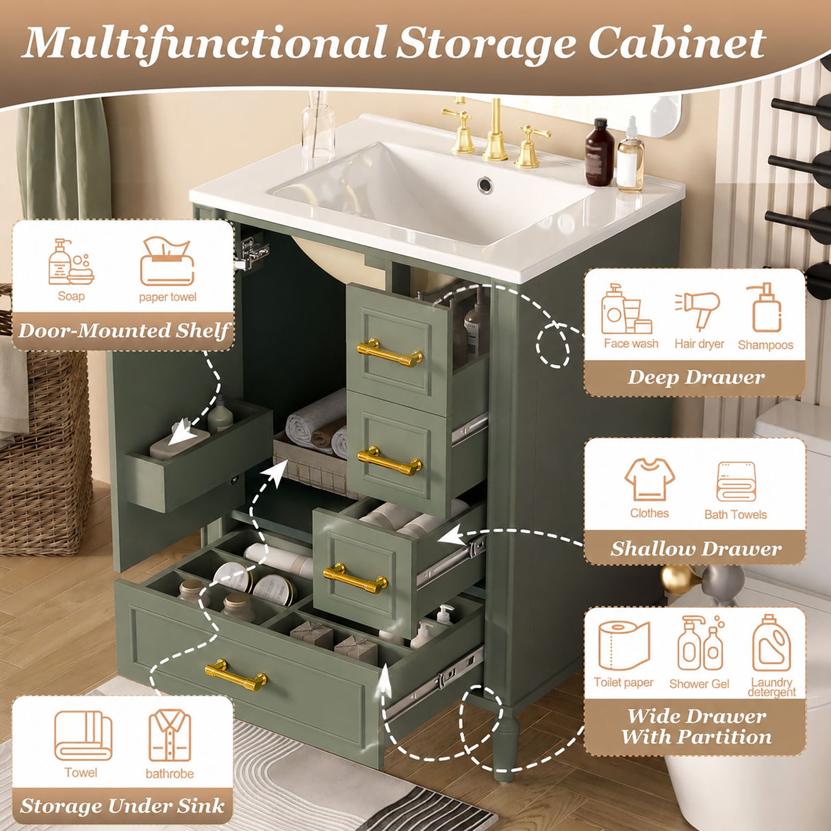 Modern Bathroom Vanity With Sink, Soft Close Doors, 3 Drawers