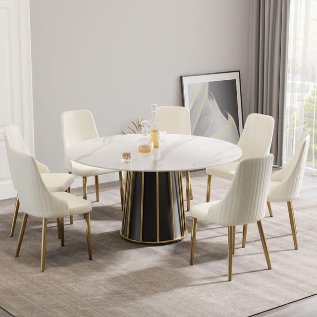 59.05" Modern Artificial Stone Round Panel Metal Iron Base Dining Table, Can Accommodate 8 People, (Not Including Chairs) - White / Black - Dining Tables - Alpine Outlets