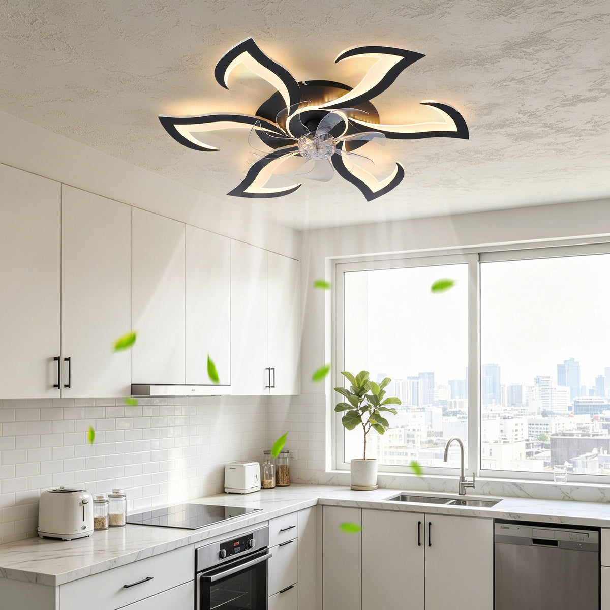 Flower Ceiling Fan With LED Dimmable Light, Flush Mount Ceiling Fan With Remote Control, Low Profile Design, 6 Speeds, Timing Function