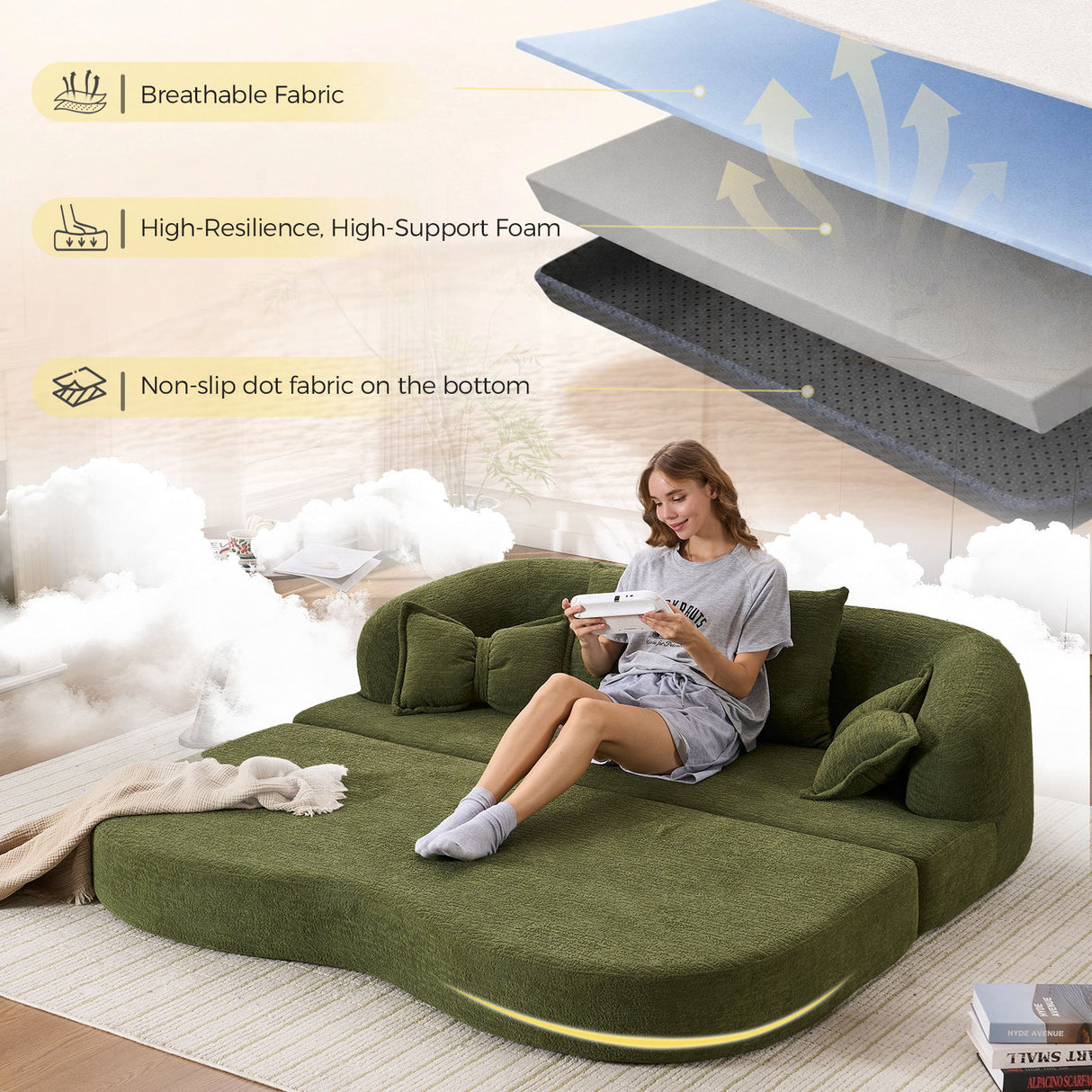 Foldable Sofa Bed, Boneless Couch Convertible Sleeper With 4 Pillows