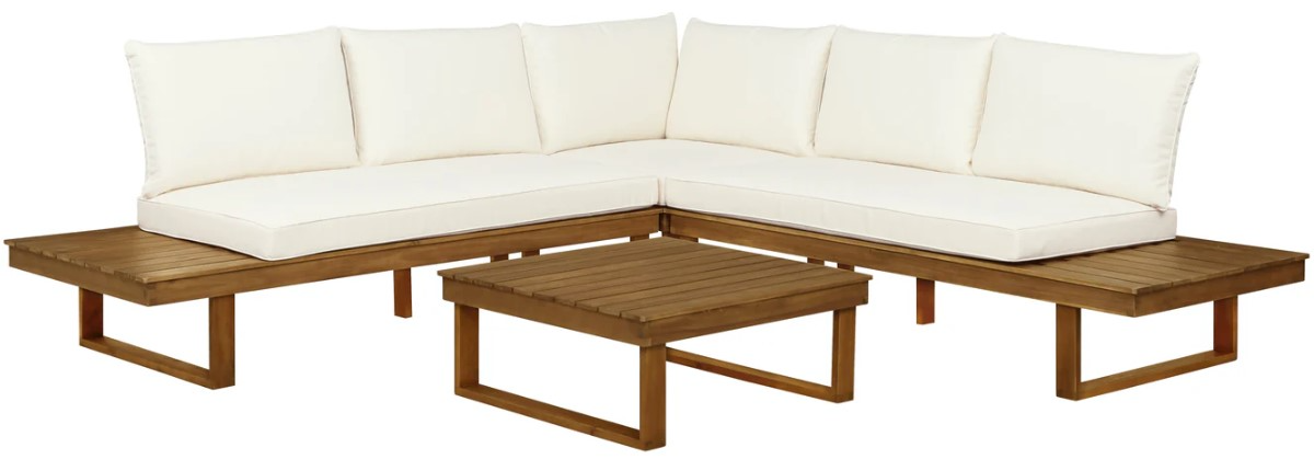 Linon Sea Breeze 4-Piece Beige/Brown Wooden Outdoor Loveseats with Cushions and Corner Table Set