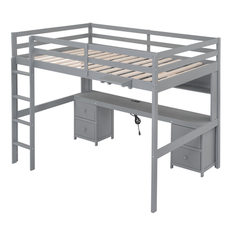 Loft Bed With Desk, Cabinets, Drawers, Charging Station And Bedside Tray