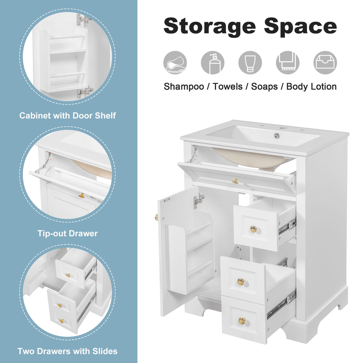 Modern Bathroom Vanity With Sink, 3 Drawers & Cabinet With 2 Tier Door Storage
