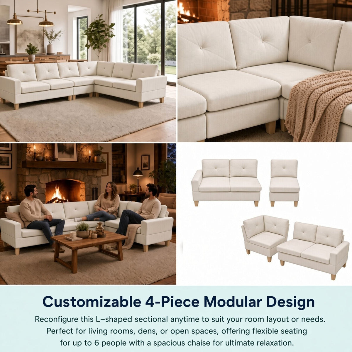 Modular L - Shaped Sectional Sofa 6 Seater 4 Piece Couch With Chaise