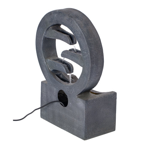 26.77"H Gray Circular Polyresin Outdoor Water Fountain with LED Light, Freestanding Modern Cascading Water Feature for Patio Garden Backyard Decor