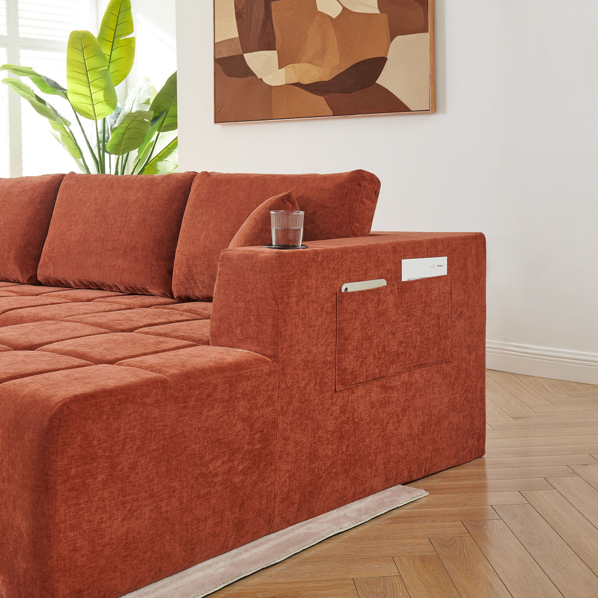 U - Shaped Sectional Sofa, Cup Holders & Side Pockets For Living Room