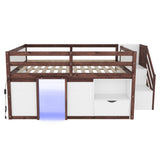 Low Loft Bed Frame With Built In Stairs, Storage Drawer, Shelf And 7 Color LED Light