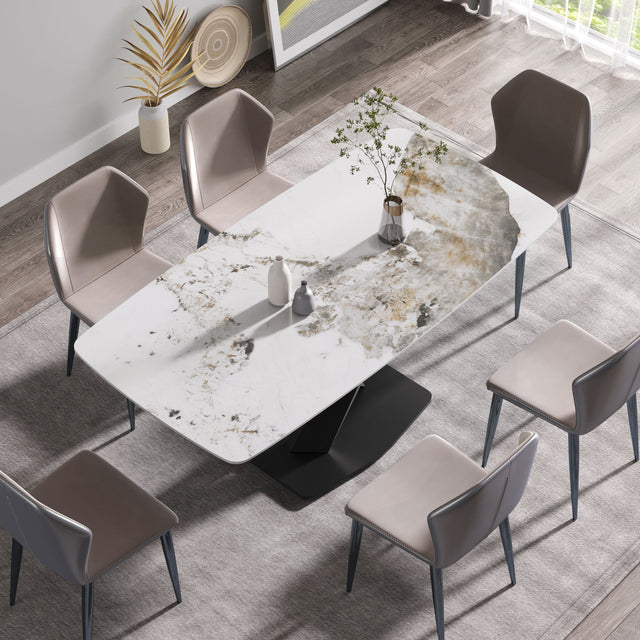 Modern Artificial Stone Pandora White Curved Metal Leg Dining Table, Can Accommodate 6-8 People - Antique White - Dining Tables - Alpine Outlets