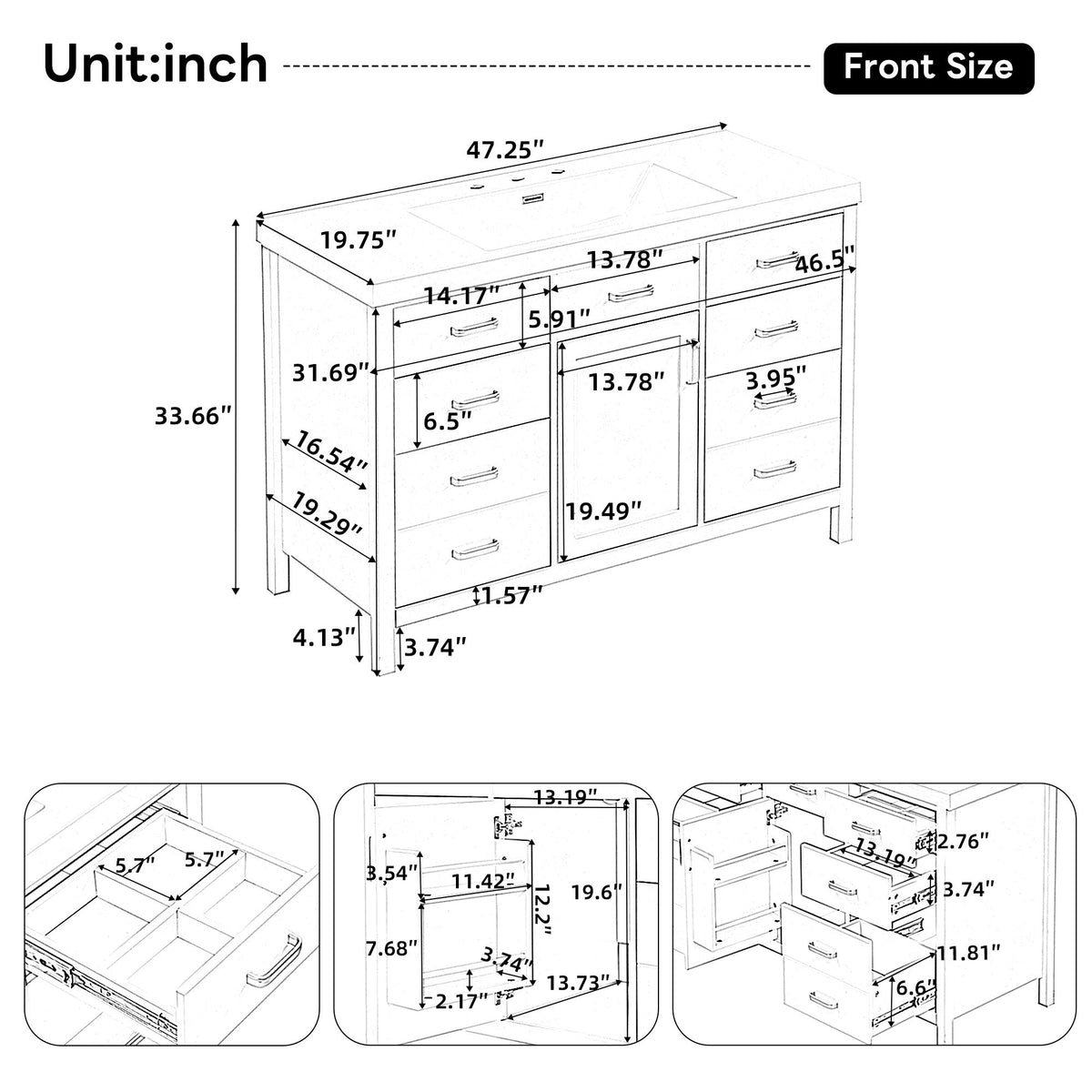 47.25" Modern Bathroom Vanity With Sink, Soft Close Single Door & 6 Drawers - White