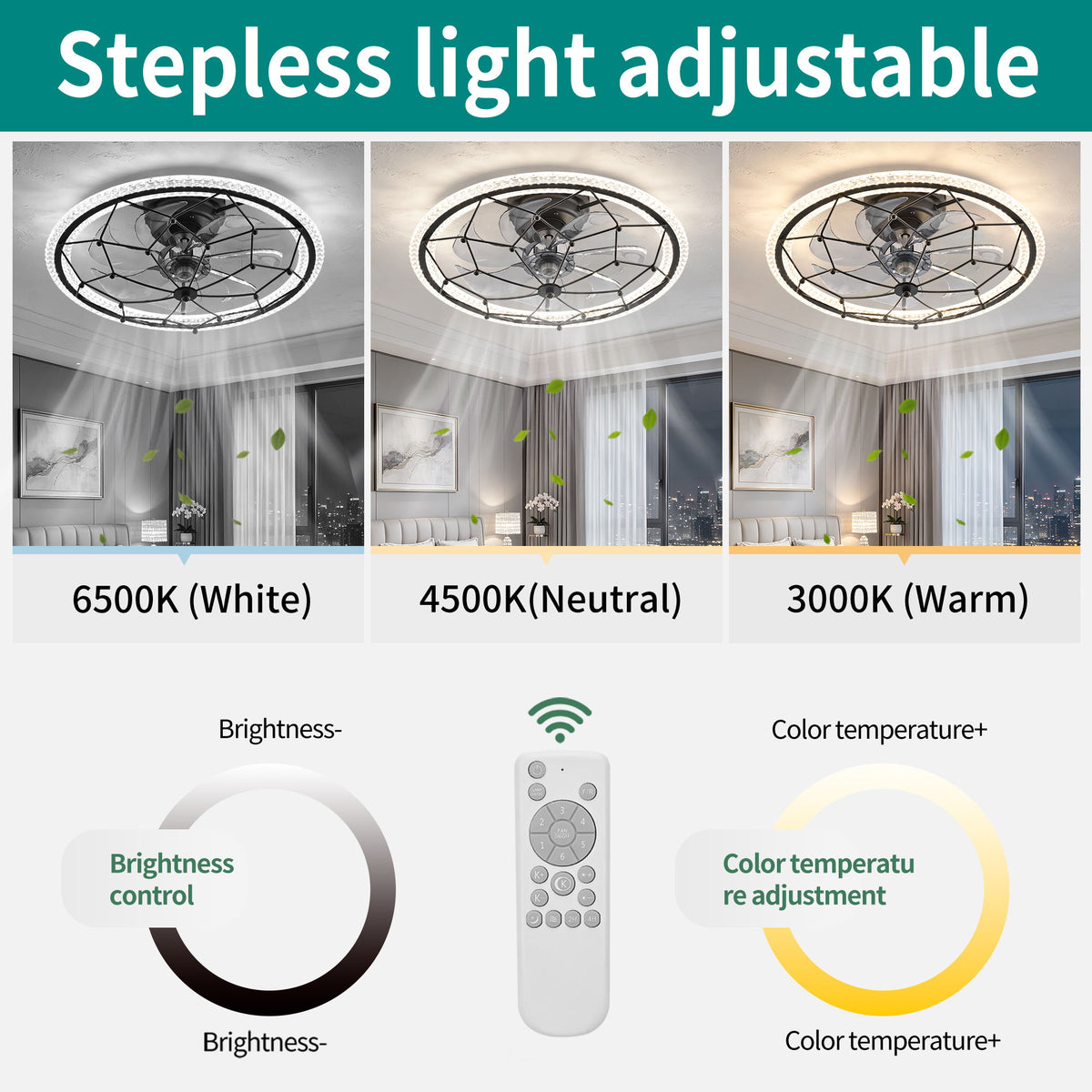 Ceiling Fan With Light And Remote Control, 6 Speeds, 3 Color Options - Matte Black