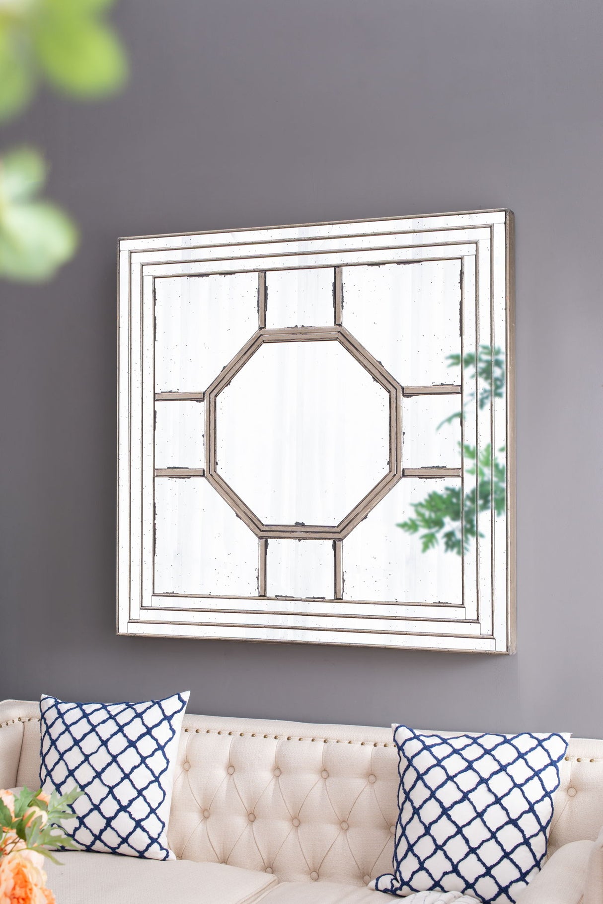 Antique Style Decorative Square Wall Mirror With Mirrored Frame, Wall Decor For Living Room Entryway, Console Lean Against Wall - Silver - Wall Mirrors - Alpine Outlets