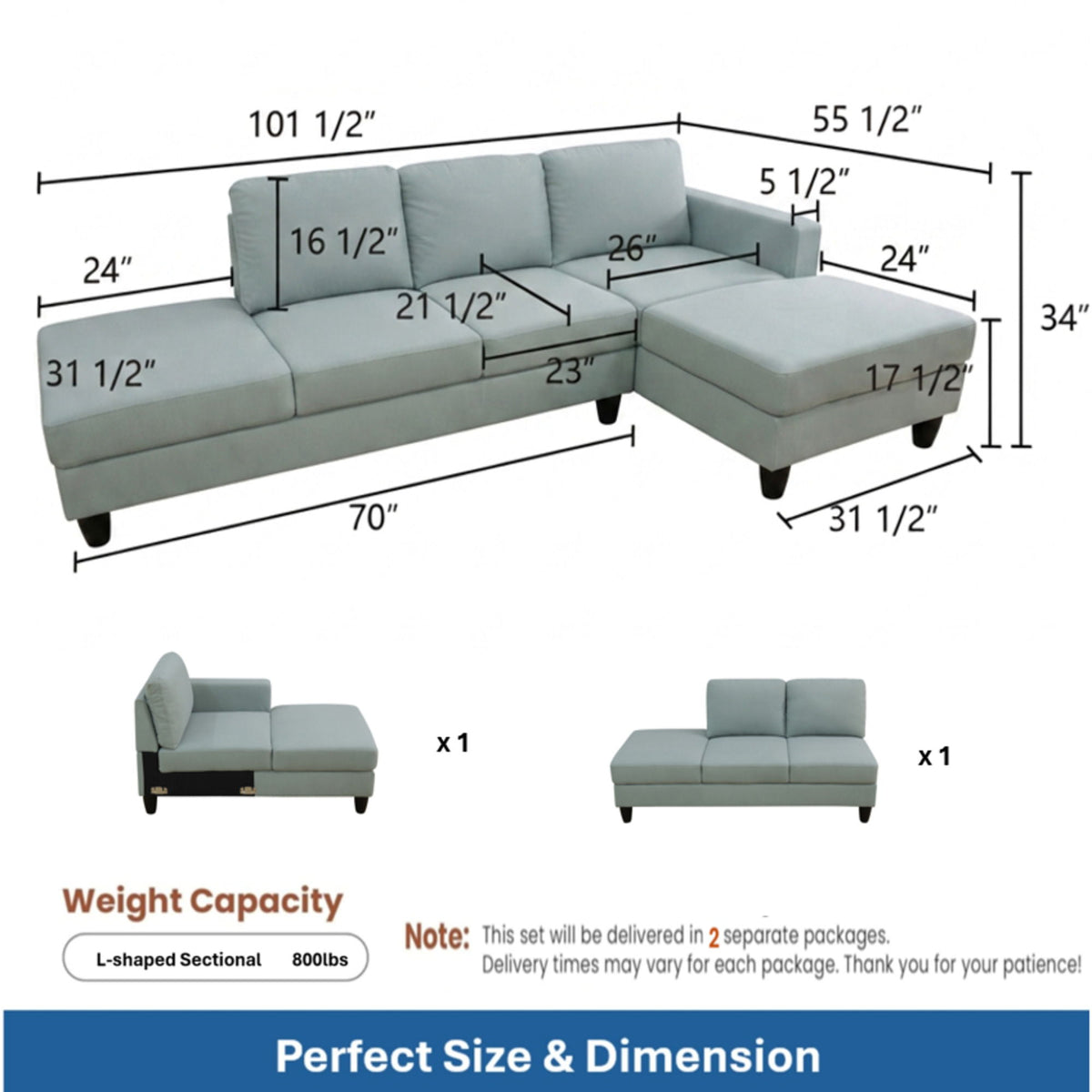 L - Shaped Design Chaise Sofa With Ottoman