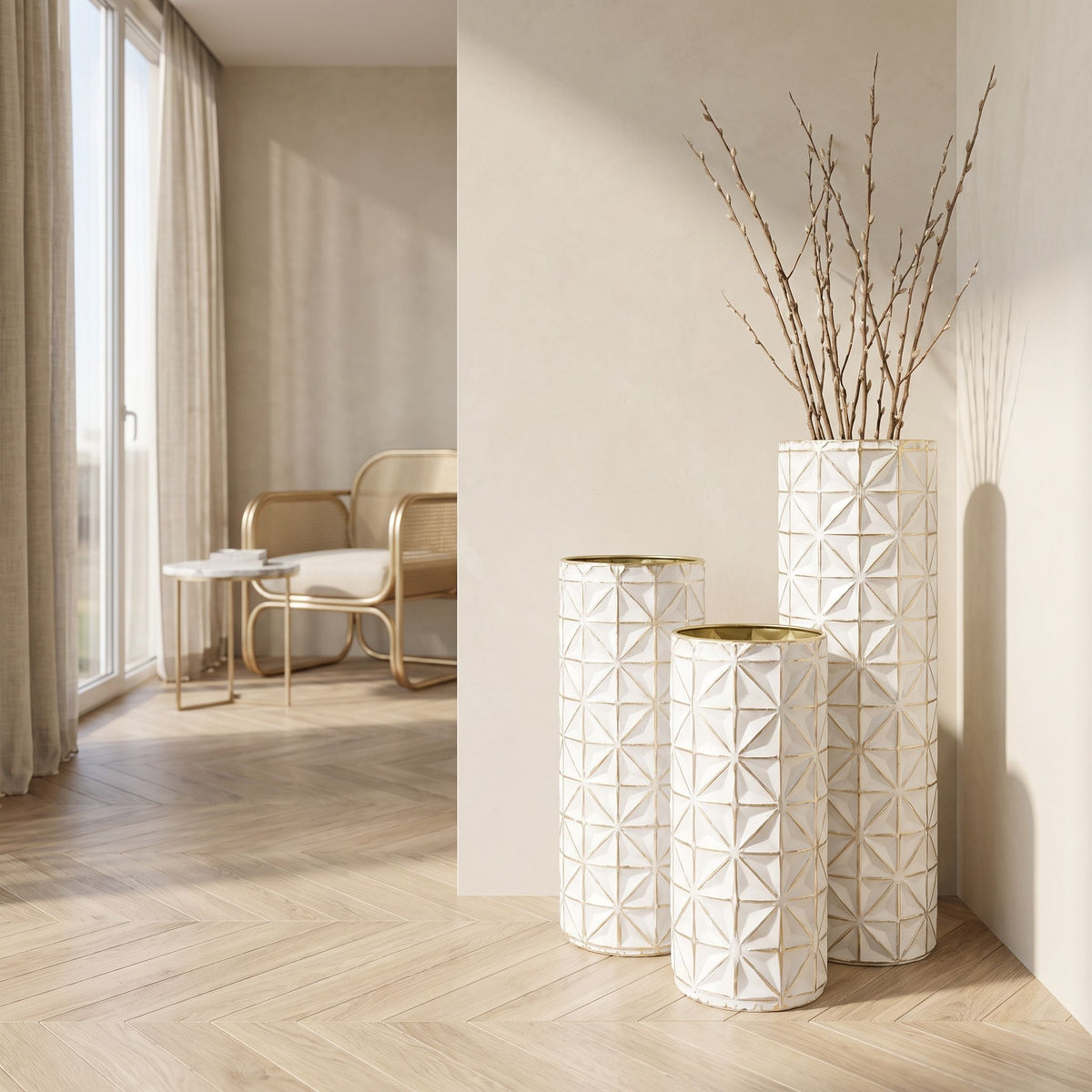 Tall Textured Geometric Decorative Floor Vases Home Decor (Set of 3) - White / Gold